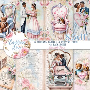 Love and Romance Valentine&#39;s Day Journal Kit, ENDLESS LOVE, Junk Journal Printable Pages, Shabby Chic Journal Kit, Journal Pages Cards Tags