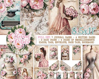 Pink Peonies Journal Kit, ETERNAL PETALS, Shabby Chic Junk Journal Kit,  Floral Peonies Journal Pages Ephemera Cards Tags Envelope Page Tabs