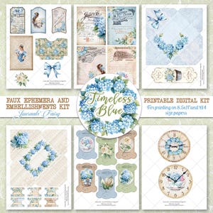 Kit de carnets bleus hortensias, bleu intemporel, ornements de carnets indésirables, kit de carnets shabby chic, carnet floral hortensia pages cartes étiquettes