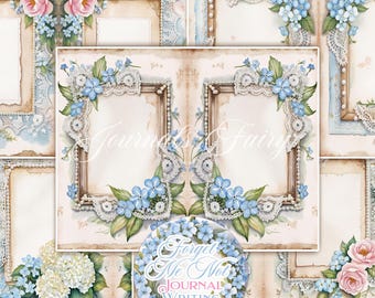 Shabby Chic Journal WRITING PAGES, Forget Me Not Floral Journal Kit, Blue Flowers Digital Paper, Blank Lined Printable Journal Pages Cards