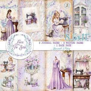 Kit de diário de costura lavanda, LOVE TO SEW, páginas para impressão de diário de lixo, kit de diário Shabby Chic, cartões digitais de costura floral lavanda