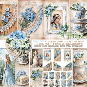 Kit de journal floral bleu, FORGET ME NOT, kit de journal indésirable shabby chic, fleurs bleues, pages de journal, cartes éphémères, étiquettes, onglets de page d'enveloppe