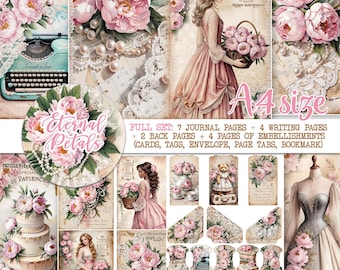 Pink Peonies Journal Kit, ETERNAL PETALS, Shabby Chic Junk Journal Kit,  Floral Peonies Journal Pages Ephemera Cards Tags Envelope Page Tabs