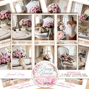 Tarjetas postales Shabby Chic con peonías rosas, etiquetas y fotos, efímeras Shabby Chic vintage con peonías, tarjetas de diario con peonías, fotos antiguas vintage con peonías