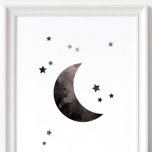 Moon and Stars Ink Texture Print Black and White PRINTABLE - Etsy