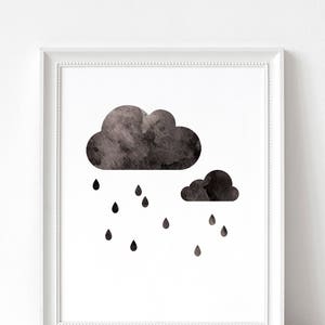 Impresión artística minimalista en blanco y negro con textura de tinta y nubes de lluvia para guardería (descarga digital)