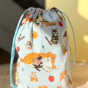 May include: A light blue drawstring bag with a pattern of cats and dogs. The pattern includes a cat wearing a sweater, a dog with a cat curled up on its back, and apples.