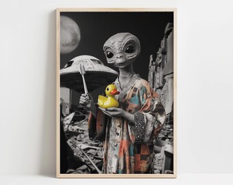 Cosmic Bedtime Rituals - Alien Art Print, Bathroom Alien Digital Print, Bathroom Wall Art, Bathrobe Alien Decor, Alien Digital Print