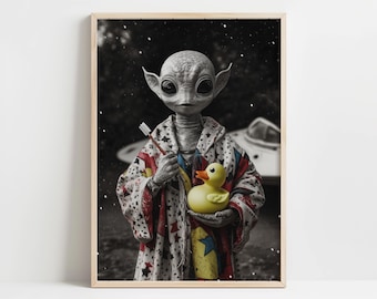 Cosmic Bedtime Rituals - Alien Art Print, Bathroom Alien Digital Print, Bathroom Wall Art, Bathrobe Alien Decor, Alien Digital Print