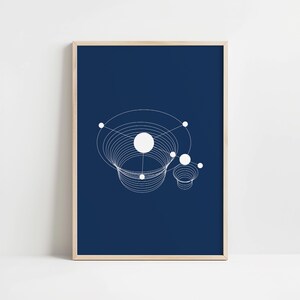 May include: A white geometric design of a solar system with multiple planets and rings on a dark blue background.