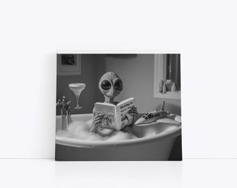 Blending In: Alien SPA Day, Bathroom Alien Digital Print, Bathroom Wall Art, Funny Bathroom Décor, Surreal Sci-Fi Art Print, Alien Humour