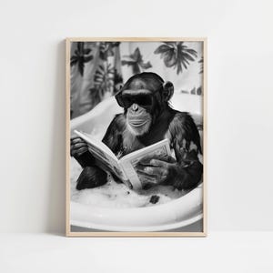Bathroom Animal Digital Print, Bathroom Wall Art, Funny Bathroom Décor, Animal Bathtub Print, Bathrobe Animal, Chimpanzee Bathroom Art