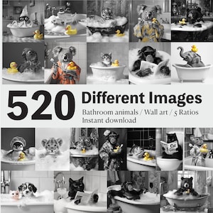 Set of 520 Bathroom Animal Prints, Bathroom Wall Art Bundle, Bathroom Décor, Animal Sitting on Toilet, Animal Bathtub Print, Bathrobe Animal