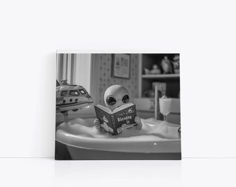 Blending In: Alien SPA Day, Bathroom Alien Digital Print, Bathroom Wall Art, Funny Bathroom Décor, Surreal Sci-Fi Art Print, Alien Humour