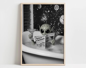 Spacetub Chronicles - Impresión artística relajante de ciencia ficción alienígena, póster alienígena para el baño, arte de pared para el baño, decoración divertida para el baño, impresión digital alienígena