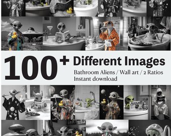Set of 100+ Bathroom Aliens Digital Prints, Bathroom Wall Art, Funny Bathroom Décor, Alien Bathtub Print, Bathrobe Alien, Alien Poster