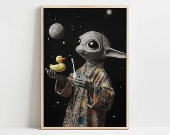 Cosmic Bedtime Rituals - Alien Art Print, Bathroom Alien Digital Print, Bathroom Wall Art, Bathrobe Alien Decor, Alien Digital Print