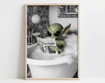 Spacetub Chronicles - Impresión artística relajante de ciencia ficción alienígena, póster alienígena para el baño, arte de pared para el baño, decoración divertida para el baño, impresión digital alienígena