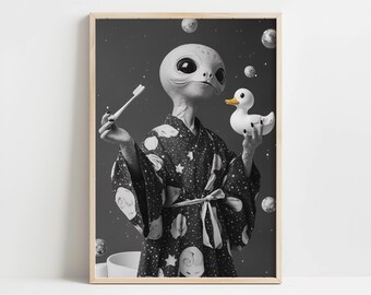 Cosmic Bedtime Rituals - Alien Art Print, Bathroom Alien Digital Print, Bathroom Wall Art, Bathrobe Alien Decor, Alien Digital Print
