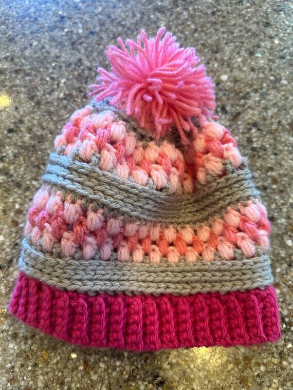 Crochet Pink and Gray Beanie Crocheted Gray and Pink Beanie: Acrylic Winter Hat - Etsy main image 3