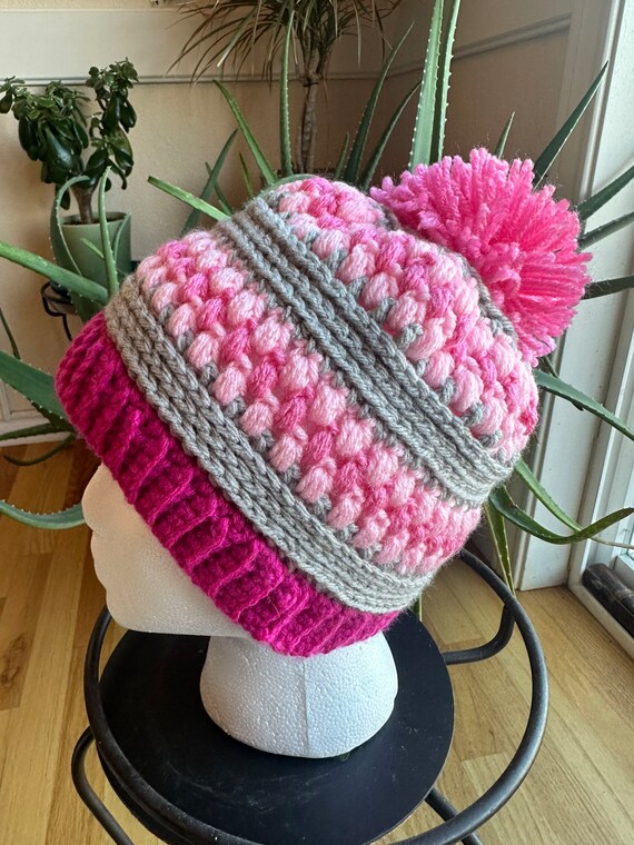 Pink & Gray Crochet Pom Pom Beanie: Textured Winter Hat - Etsy display picture 3