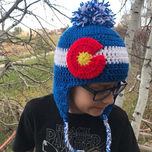 Colorado Flag Crochet Beanie with Earflaps & Pom