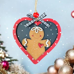 Gingerbread Man Christmas Ornament, Heart Polka-dot Ornament, Hand Painted Decoration, Rustic Holiday Decor, Ornament Exchange