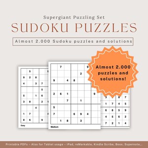 Könnte beinhalten: Zwei Sudoku-Rätsel, eines mit der Bezeichnung "Einfach" und das andere mit "Mittel". Die Rätsel sind auf weißem Papier mit schwarzen Zahlen gedruckt. Eine große orangefarbene Sternform mit dem Text "Fast 2.000 Rätsel und Lösungen!" befindet sich in der oberen rechten Ecke des Bildes.