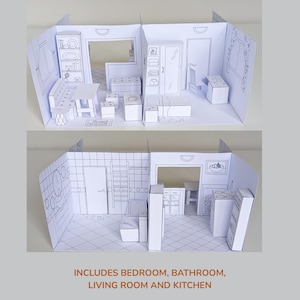 May include: A paper craft dollhouse set featuring black and white line art illustrations of a bedroom, bathroom, living room, and kitchen. The set includes foldable furniture pieces and room structures with printed details like cabinets, a bed, and a stove.