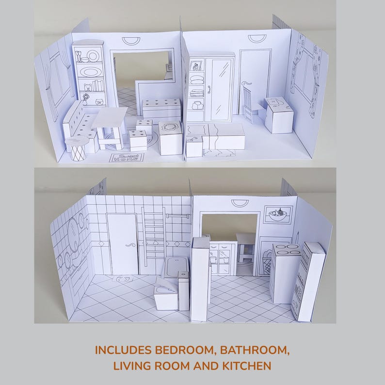 May include: A paper craft dollhouse set featuring black and white line art illustrations of a bedroom, bathroom, living room, and kitchen. The set includes foldable furniture pieces and room structures with printed details like cabinets, a bed, and a stove.