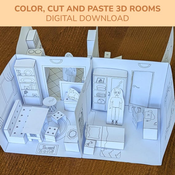 Printable Paper Dollhouse Bundle | 4 Rooms 3D PDF Furniture and Rooms | DIY Cut, Color and Build Craft for Kids | Instant Download