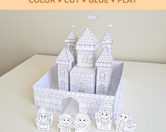 Créations imprimables de château en papier 3D pour enfants | Château médiéval découpé et collé | Activité de coloriage en noir et blanc PDF | Ensemble de poupées en papier