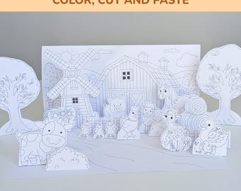 Printable Farm Animals Diorama Craft | 3D Farm Playset | Color Cut & Paste | Classroom Activity | Homeschool Art Project | Coloring Pages