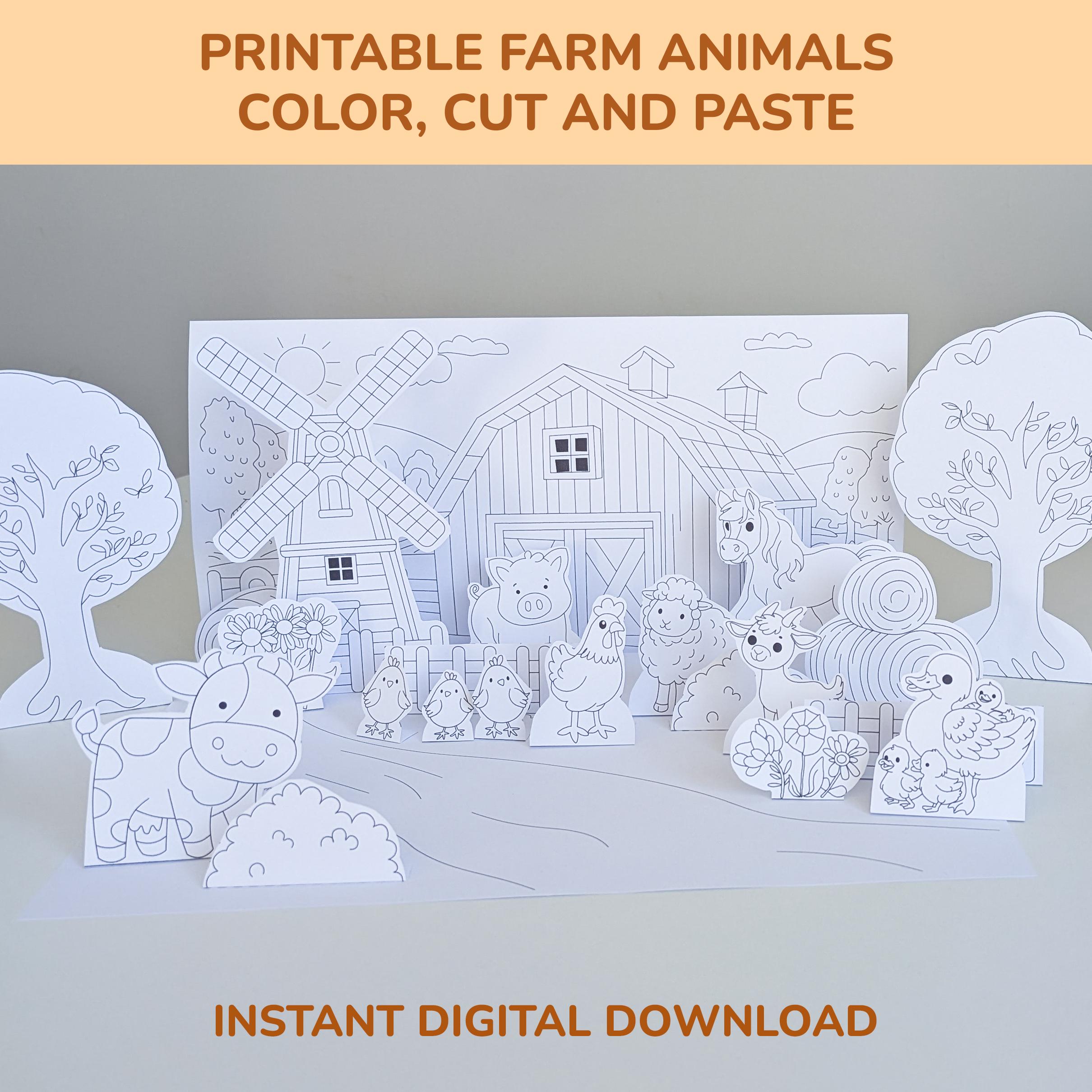 Printable Farm Animals Diorama Craft 3D Farm Playset Color Cut &…