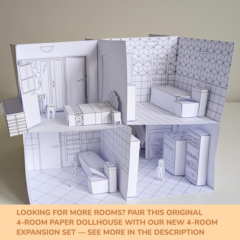 May include: A four-room paper dollhouse featuring black and white line art illustrations of a bedroom, bathroom, and kitchen. The structure includes paper furniture like a bed, bathtub, toilet, stove, and shelving units. Text at the bottom reads: LOOKING FOR MORE ROOMS? PAIR THIS ORIGINAL 4-ROOM PAPER DOLLHOUSE WITH OUR NEW 4-ROOM EXPANSION SET &mdash; SEE MORE IN THE DESCRIPTION.
