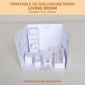 Puede incluir: Una habitación de casa de muñecas 3D imprimible, para colorear, cortar y construir. La habitación en miniatura incluye un sofá, una mesa, sillas y una estantería. El texto de la imagen dice "Sweet Home" y "Instant Digital Download".