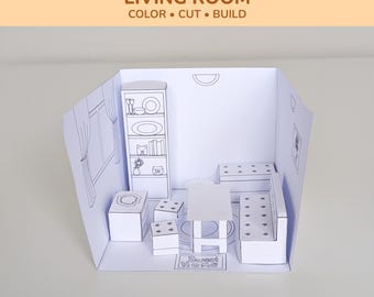 Printable Dollhouse Living Room | 3D Paper Room PDF | DIY Cut & Build| Montessori Printable | Modular Dollhouse Furniture | Instant Download