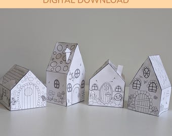Paquete de manualidades de casitas de hadas de papel 3D: conjunto de 4 casitas de papel imprimibles para recortar, colorear y armar / Tema Bosque Mágico / Descarga digital
