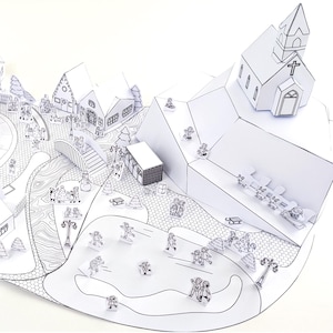 May include: A white paper pop-up winter village scene with a church, houses, bridge, and ice skating pond. The scene includes small figures of people, trees, and other winter-themed elements. The design is in black and white.