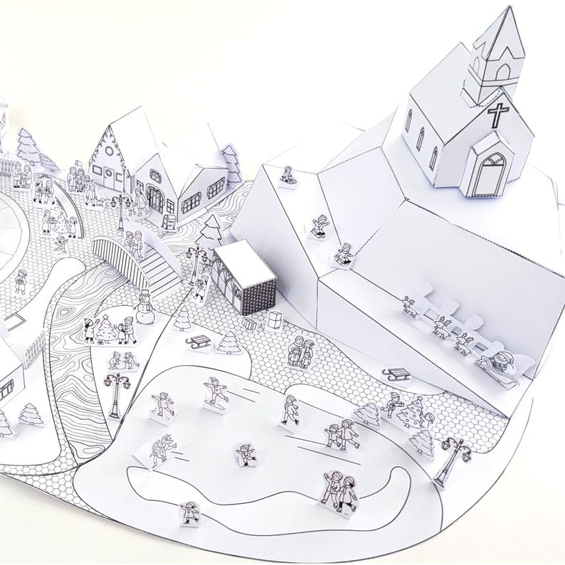 May include: A white paper pop-up winter village scene with a church, houses, bridge, and ice skating pond. The scene includes small figures of people, trees, and other winter-themed elements. The design is in black and white.