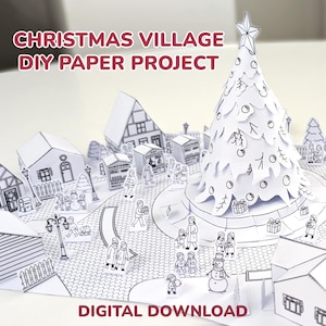 Printable Christmas Paper Village | DIY Holiday Craft for Kids and Classrooms | Cut & Color Paper Houses | Winter Decor | Digital Download image 1