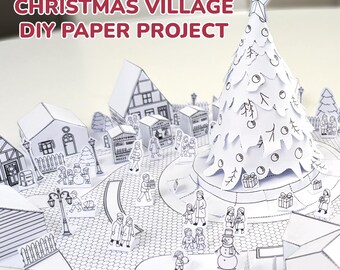 Pueblo navideño de papel imprimible / Manualidades navideñas para niños y aulas / Casas de papel para recortar y colorear / Decoración invernal / Descarga digital