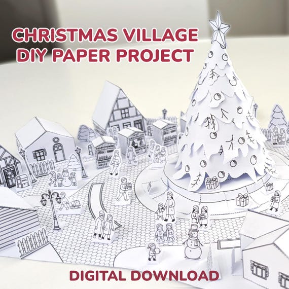 Printable Christmas Paper Village | DIY Holiday Craft for Kids and Classrooms | Cut & Color Paper Houses | Winter Decor | Digital Download