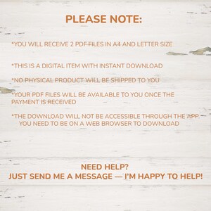 May include: A digital item notice on a white wooden background. The text in the image reads "PLEASE NOTE:" followed by details about the digital product, including file types, download instructions, and support information.