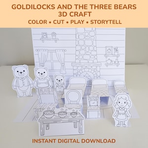 May include: A black and white 3D craft kit featuring the Goldilocks and the Three Bears story. The kit includes paper cutouts of the bears, Goldilocks, furniture, and a fireplace. Text on the image reads "COLOR • CUT • PLAY • STORYTELL" and "INSTANT DIGITAL DOWNLOAD".