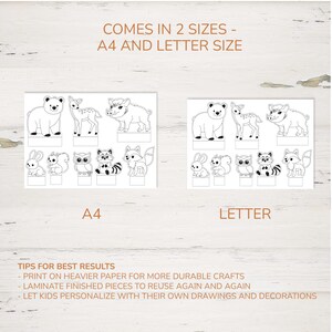 May include: Printable animal cutouts in A4 and Letter sizes. The image shows a bear, deer, pig, rabbit, squirrel, owl, raccoon, and fox. Text reads "COMES IN 2 SIZES - A4 AND LETTER SIZE" and "TIPS FOR BEST RESULTS".