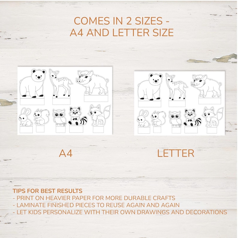 May include: Printable animal cutouts in A4 and Letter sizes. The image shows a bear, deer, pig, rabbit, squirrel, owl, raccoon, and fox. Text reads "COMES IN 2 SIZES - A4 AND LETTER SIZE" and "TIPS FOR BEST RESULTS".