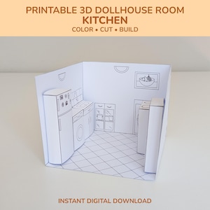 May include: A printable 3D dollhouse kitchen model, featuring line art of appliances and furniture. The text "PRINTABLE 3D DOLLHOUSE ROOM KITCHEN COLOR • CUT • BUILD" is at the top. The words "INSTANT DIGITAL DOWNLOAD" are at the bottom.