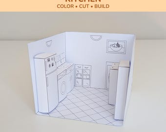 Printable Dollhouse Kitchen | 3D Paper Room PDF | Montessori Printable | Miniature Kitchen Furniture | Modular Dollhouse | Instant Download