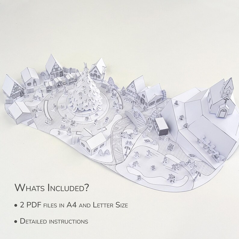 May include: A detailed, white papercraft village scene with a central Christmas tree, houses, and figures. The image includes text: "WHATS INCLUDED?" and "2 PDF FILES IN A4 AND LETTER SIZE" and "DETAILED INSTRUCTIONS".